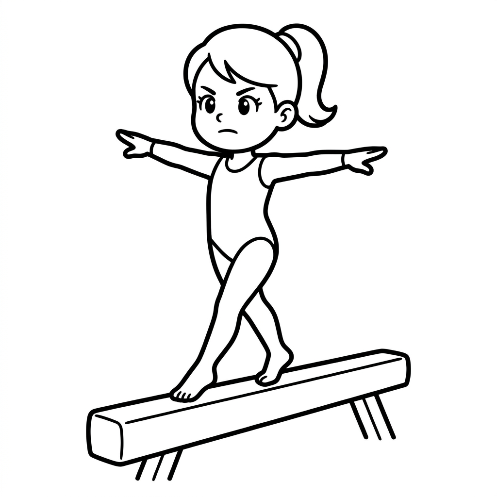 Printable gymnastics coloring page of a girl balancing on a balance beam with arms outstretched.